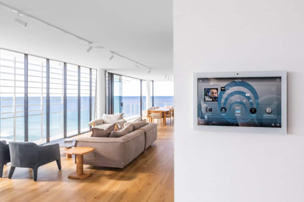 Audio visual technology located in a modern house on a white wall